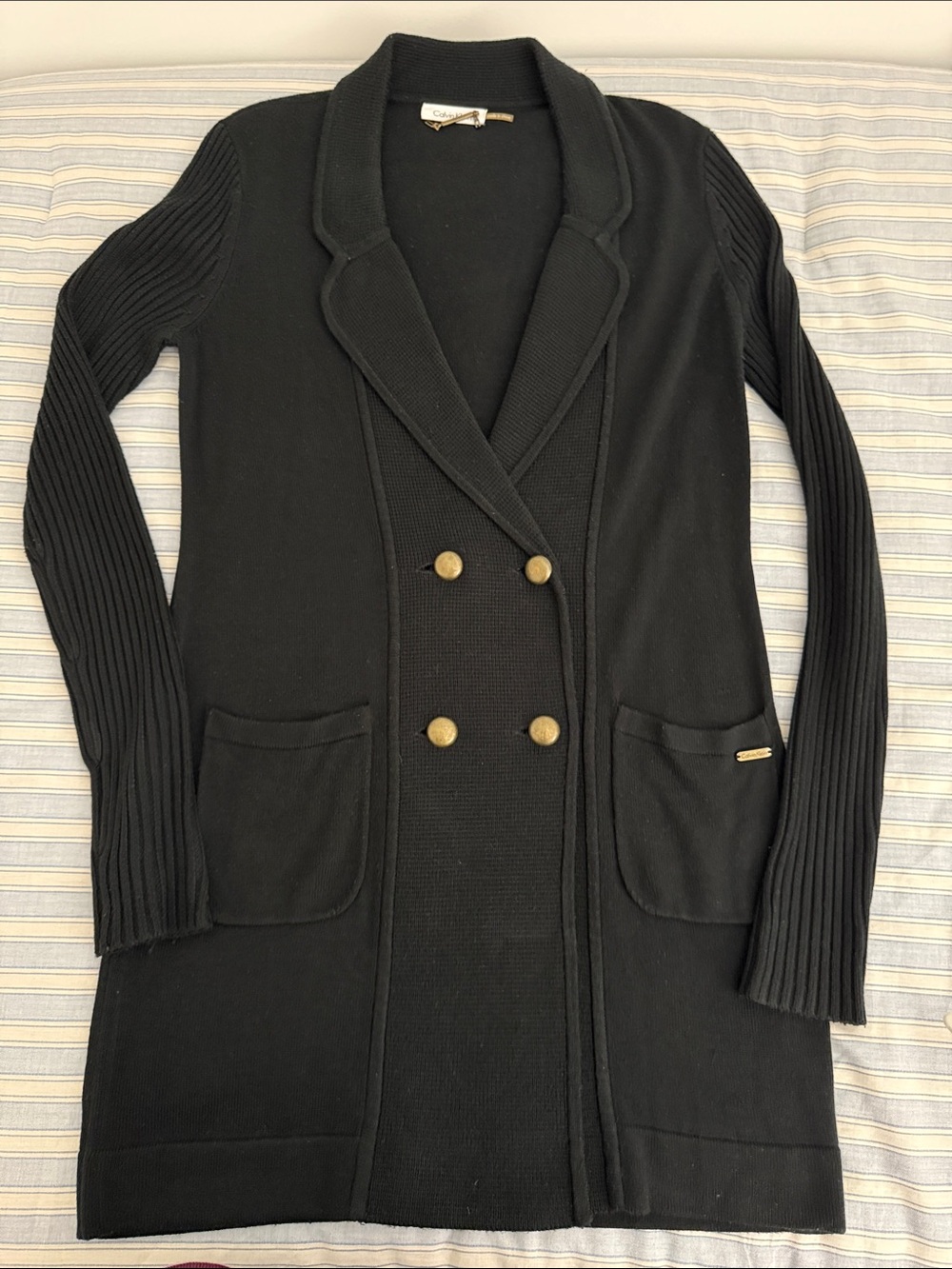 Calvin Klein Jet Black Double-Breasted Knit Blazer Cardigan. ptp 19” length 34”